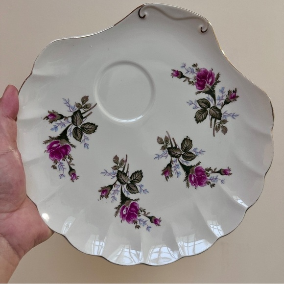 Seashell Shape Bone China Snack Plate Moss Rose Unmarked - Picture 3 of 9